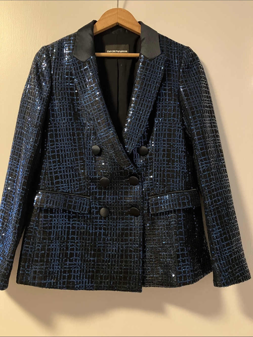 Emporio Armani Black & Navy Sequined Double-Breasted Blazer Size 42 (M)